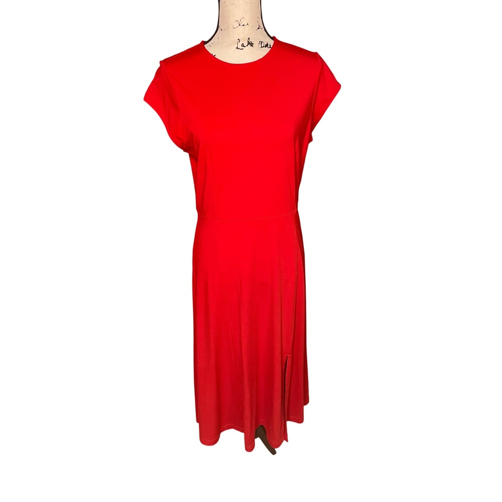 Banana Republic Midi Dress Women Size 12 Red Good Cap Sleeve Side Slit Stretch